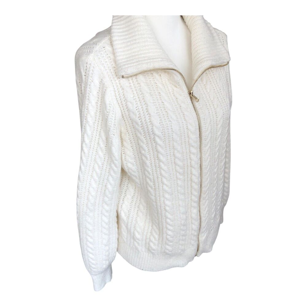 Rachel Zoe Cozy Modern Gold Zip Front Cream‎ Cable Knit Long Sleeve Sweater M